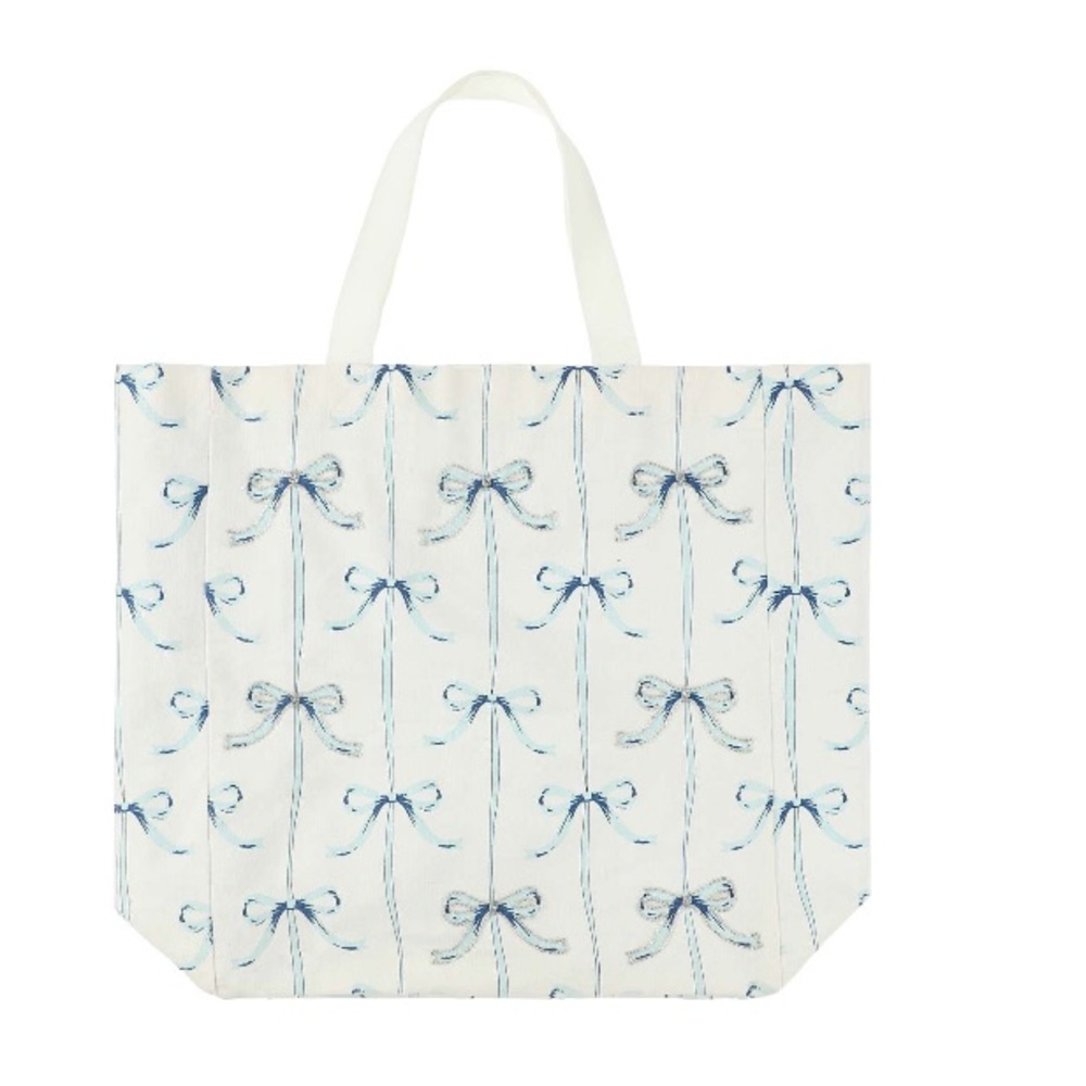 Blue Bow Printed Canvas Bow Stud Detail Tote Bag